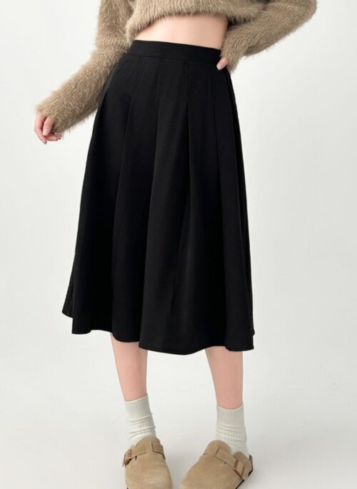 Pleated A Line Mid Length Skirt Slimming Design