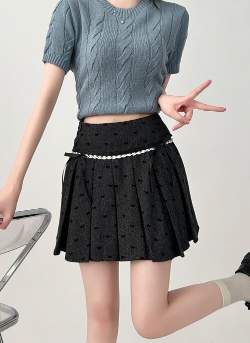 Pleated High Waist A Line Black Mini Skirt