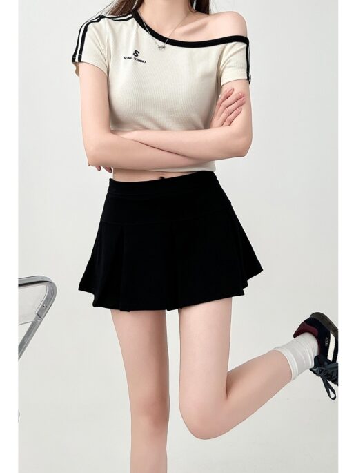 Pleated High Waist A Line Short Skirt Gray