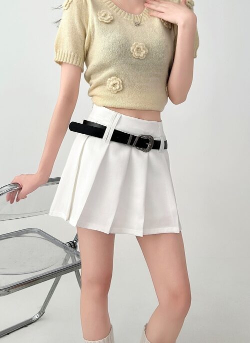 Pleated High Waist A Line Short Skirt White