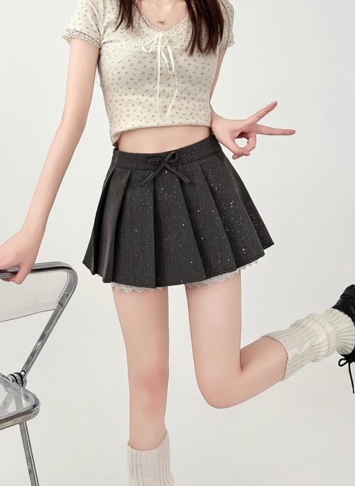 Pleated Lace Bow A Line Gray Skirt