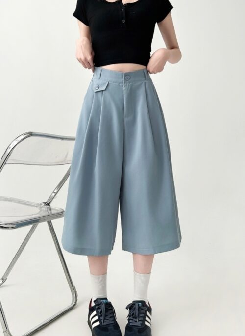 Pleated Loose Fit Casual Cropped Wide Leg Pants