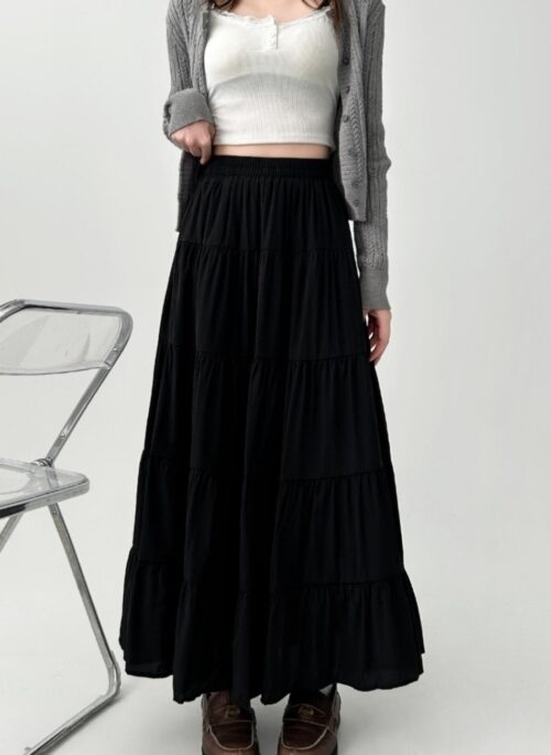 Plus Size Black High Waist Pleated Midi Skirt