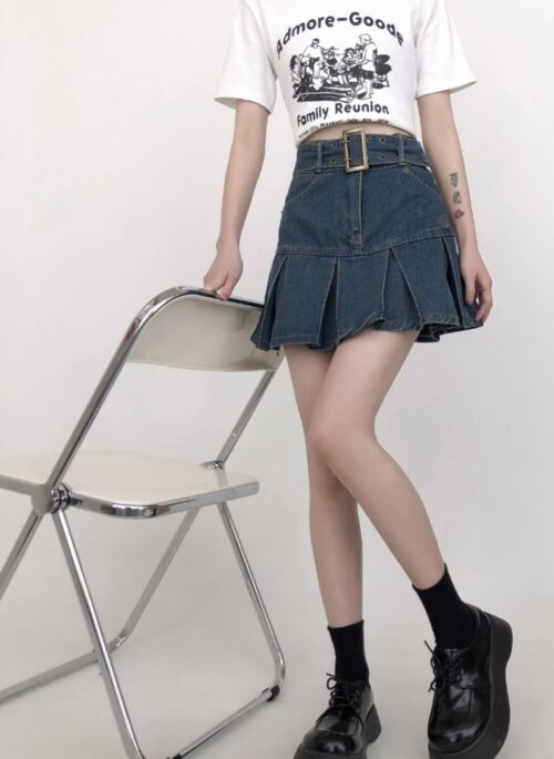 Plus Size Pleated Denim A Line Mini Skirt