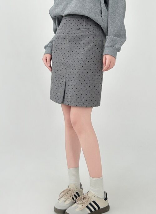 Polka Dot Wool Blend Split Hem Midi Skirt