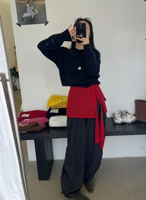 Red Hollow Crochet Strap Skirt | Dahyun – TWICE