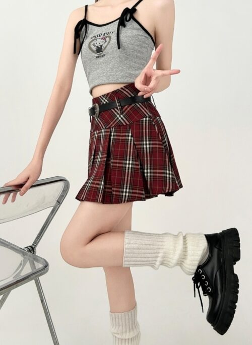 Red Plaid Pleated Mini Skirt College Style