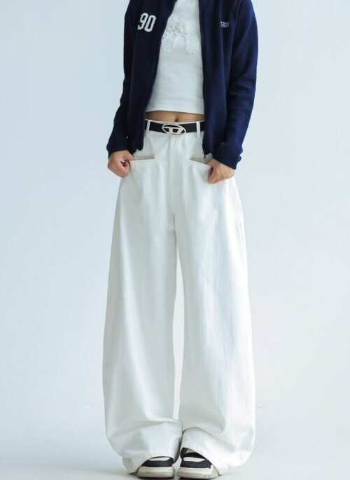 Relaxed Fit Wide Leg Casual Trousers White