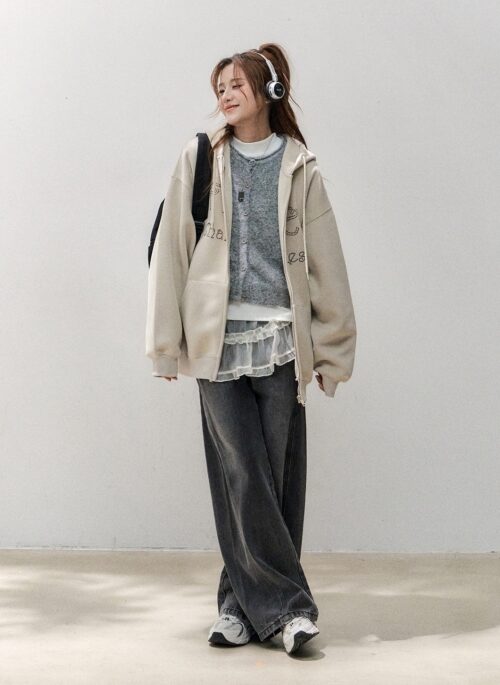 Relaxed Style Rhinestone Letter Hoodie Cardigan