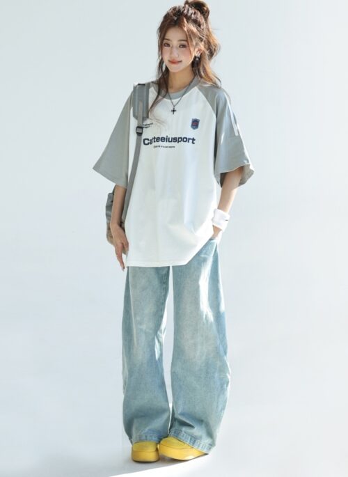 Retro Colorblock Raglan Sleeve Loose Fit T Shirt