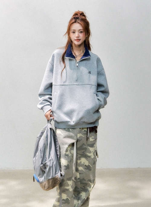 Retro Quarter Zip Stand Collar Sweatshirt