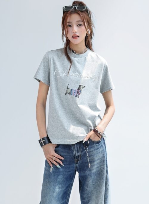 Rhinestone Dachshund Shoulder Short Sleeve Fashion Top