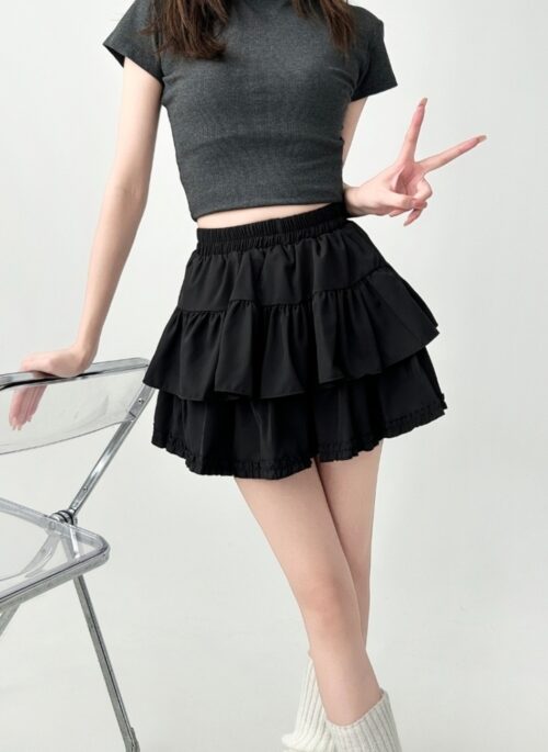 Ruffled A Line Layered Black Skirt