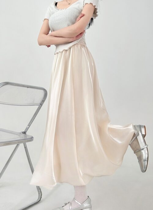 Shimmer Satin Floral Midi Skirt Flowing A Line