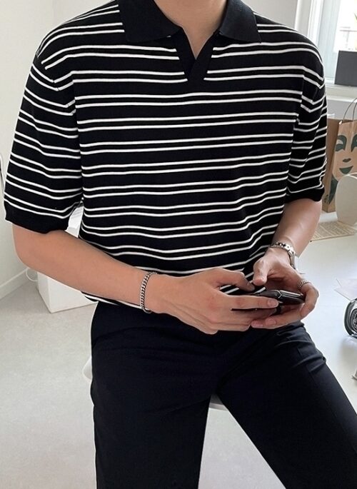 Striped Knit Polo Shirt Vintage Style