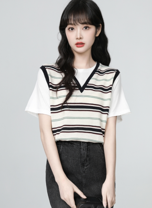Striped Patchwork Short Sleeve Casual College Style Top