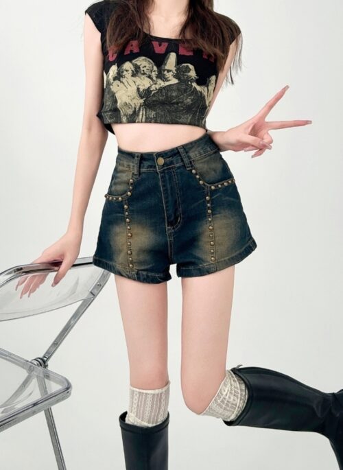 Studded Denim Shorts Trendy Slim Casual Hot Pants