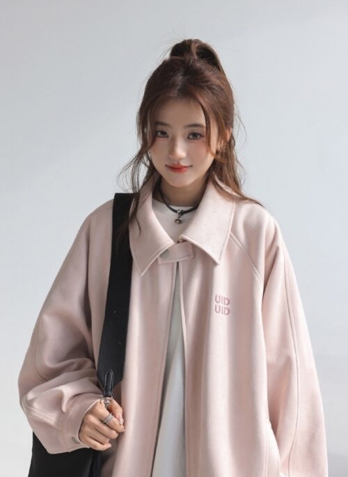 Suede Embroidered Letter Chic Pink Jacket
