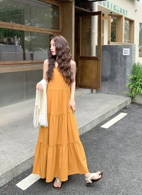 Sweet Orange Tassel Layered Dress Set