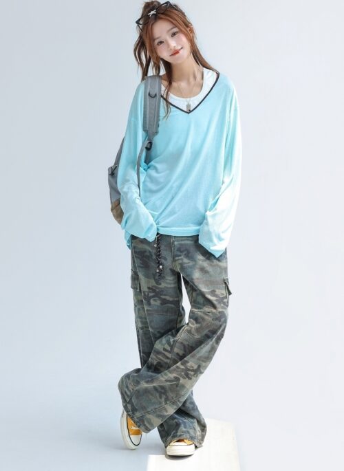 Tencel Sun Protection Loose Fit V Neck Top