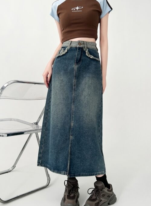 Vintage A Line Denim Midi Skirt Slimming Design
