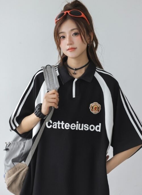 Vintage Colorblock Polo Tee With Letter Print