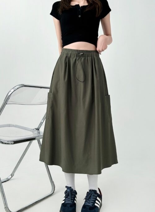 Vintage Drawstring A Line Midi Utility Skirt