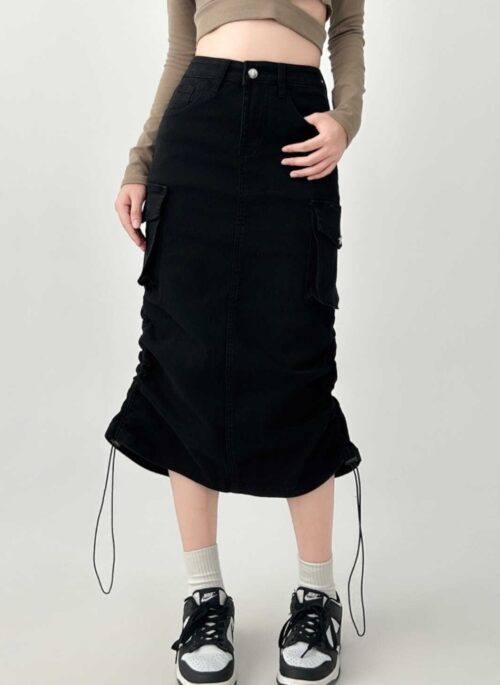 Vintage High Waist Black Denim Midi Skirt