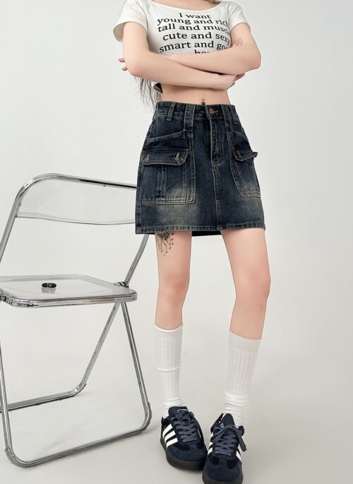 Vintage High Waist Denim Pocket A Line Skirt