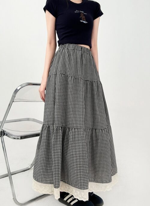 Vintage Lace Patchwork Plaid Maxi Skirt