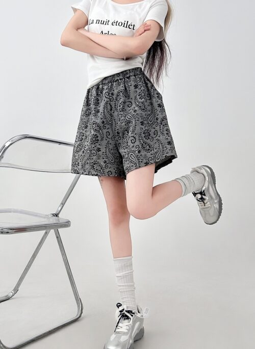 Vintage Paisley Casual Grey Wide Leg Shorts