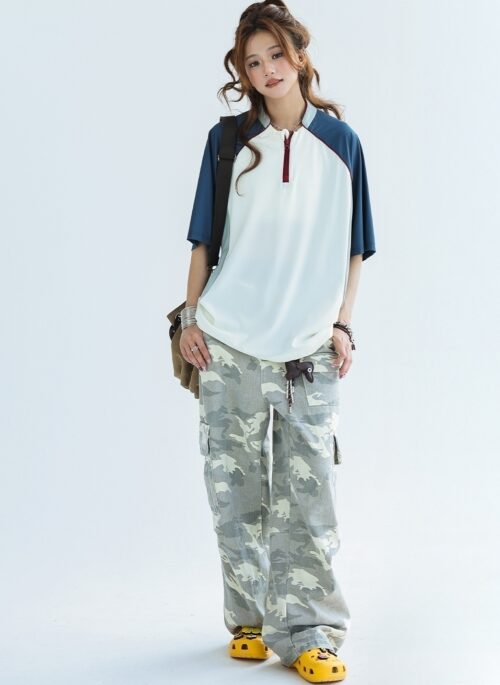 Vintage Patchwork Half Zip Raglan Sleeve Tee