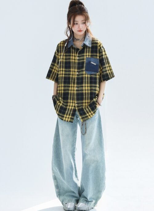 Vintage Plaid Denim Patchwork Short Sleeve Shirt