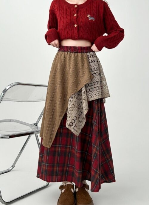 Vintage Plaid Lace Patchwork Irregular Midi Skirt