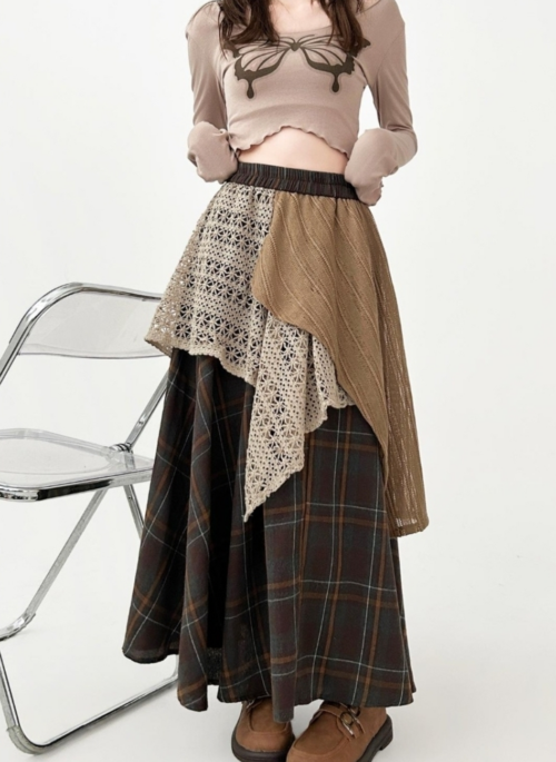 Vintage Plaid Lace Patchwork Midi Skirt