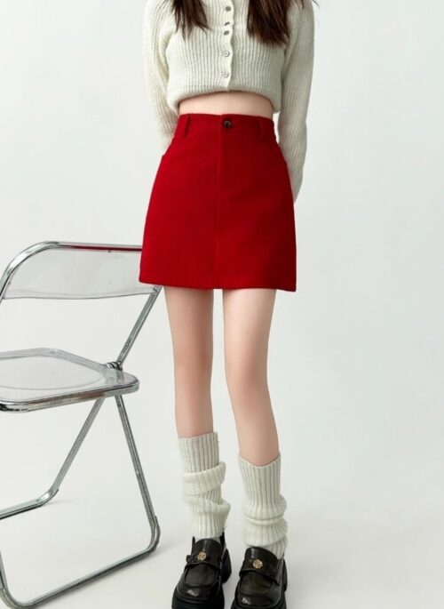Vintage Red Corduroy High Waist Slim A Line Skirt