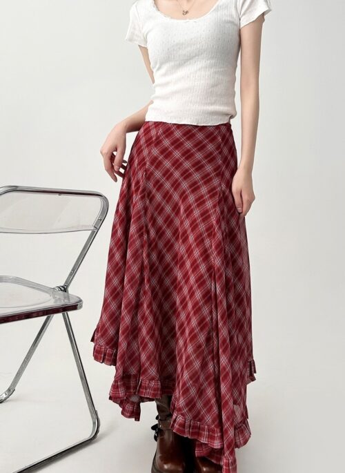 Vintage Red Plaid Ruffle Midi Skirt