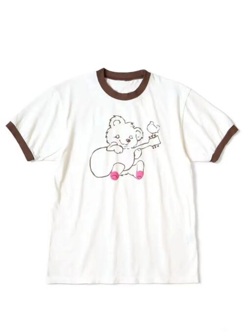 White Contrast Trim Bear Print T-Shirt | Yeonjun - TXT
