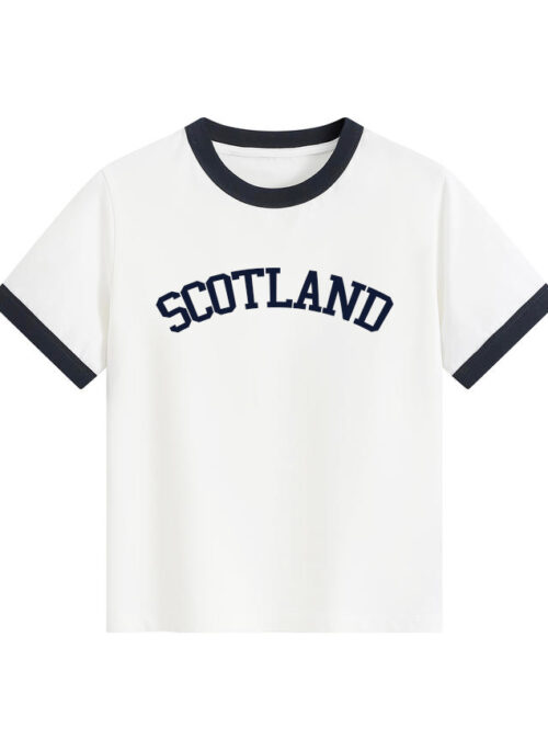 White Contrast Trim Scotland Print T-Shirt | Rose - BlackPink