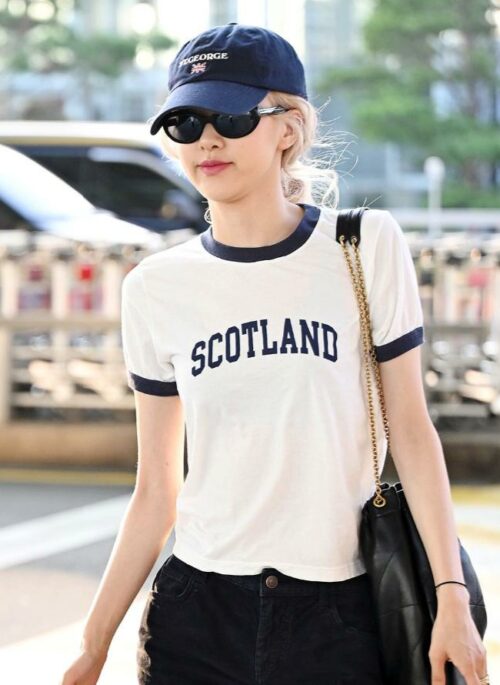 White Contrast Trim Scotland Print T-Shirt | Rose - BlackPink