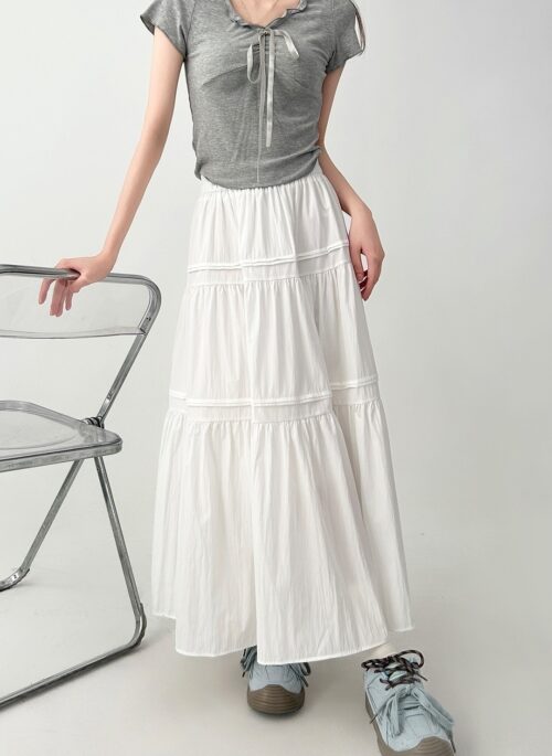 White Elegant Midi Cake Skirt Flowy Slim Fit