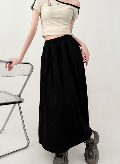 White Flowy Elastic Waist Midi Skirt