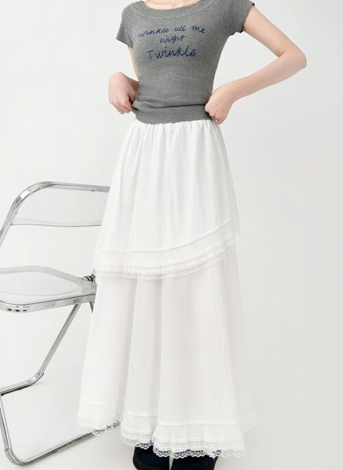 White Lace High Waist Flowy Layered Skirt