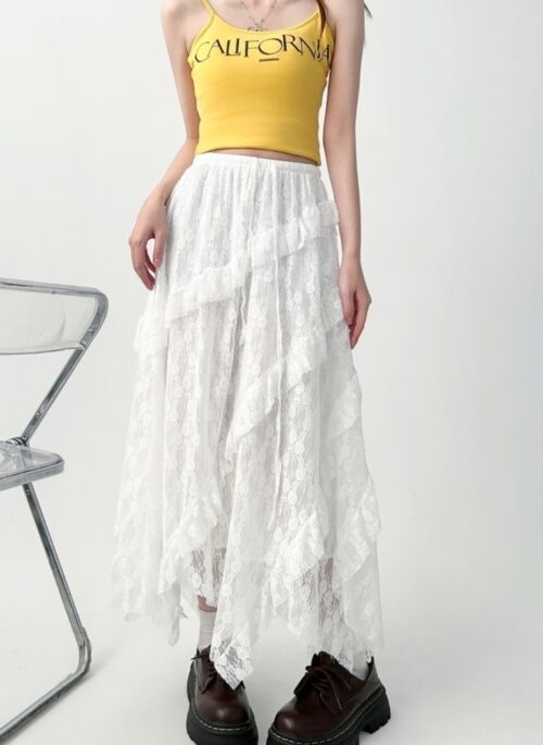 White Lace Layered Midi Skirt Irregular Hem