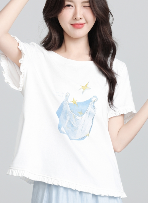 White Ruffle Sleeve Loose Fit Printed T Shirt