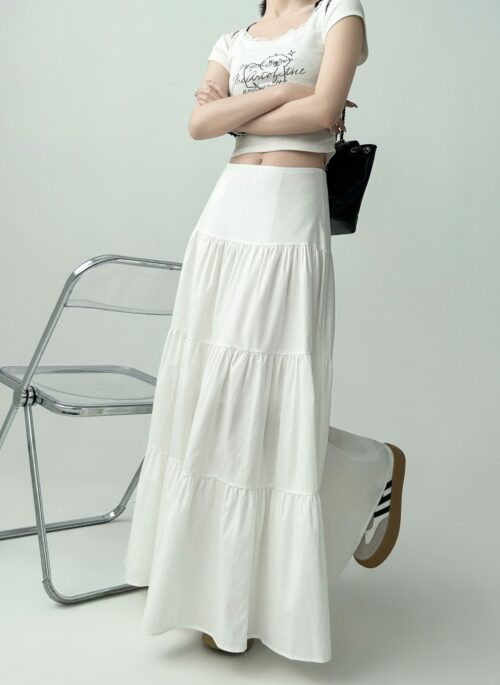 White Ruffled Flared Midi Skirt For Curvy Shape