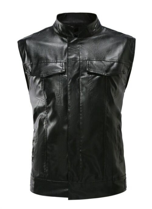 Black Faux Leather Zipper Biker Vest | Yeonjun - TXT