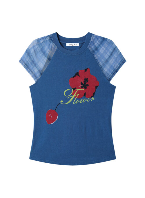 Blue Plaid Sleeve Flower Graphic T-Shirt | Gaeul - IVE