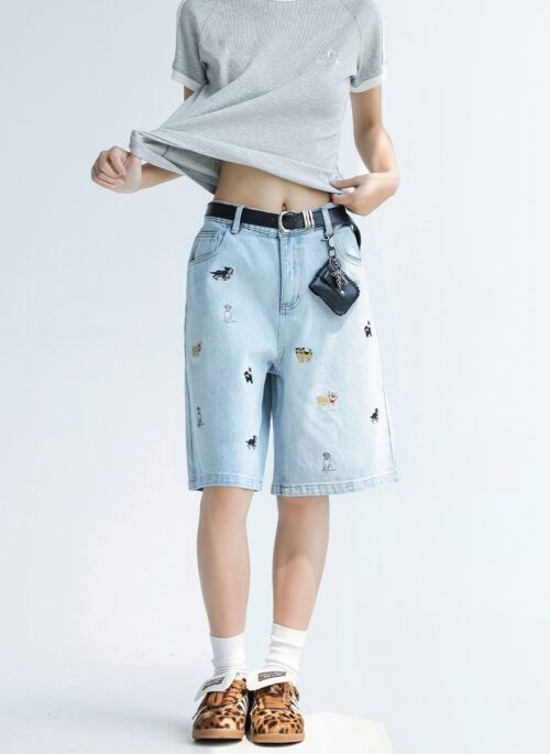 Cute Embroidered Puppy Denim Loose Fit Shorts