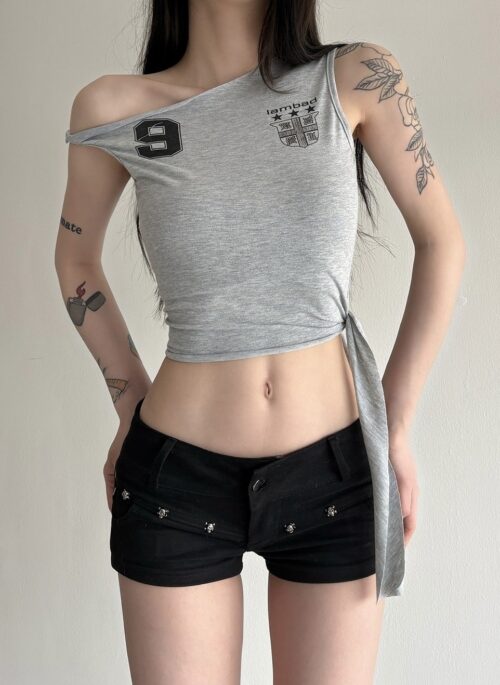 Grey One Shoulder Tie Side Graphic Top | Winter – Aespa